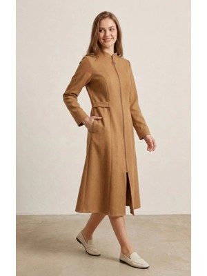 Kadın Tesettür Yarım Pardesü Ferace Kap Giyçık Fermuarlı Dabıl Kumaş