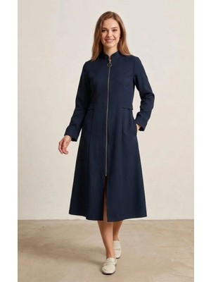 Kadın Tesettür Yarım Pardesü Ferace Kap Giyçık Fermuarlı Dabıl Kumaş