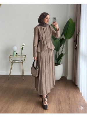 RFK Butik Kadın Zara Kupra Seyyar Kemerli Çımalı Etekli Takım - Vizon