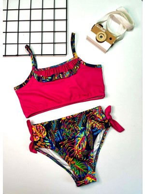 Cacobebiş Kız Çocuk Hawaii Yaprak Baskılı Bikini Takım Fuşya
