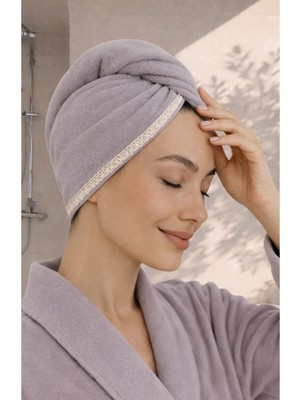Ellia Soft Hair Dantelli Kalın Bambu Pamuk Kutulu Saç Kurutma Bonesi Saç Havlusu Saç Kurulama Havlusu Lila