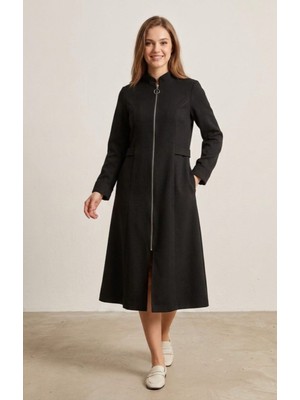 Kadın Tesettür Yarım Pardesü Ferace Kap Giyçık Fermuarlı Dabıl Kumaş