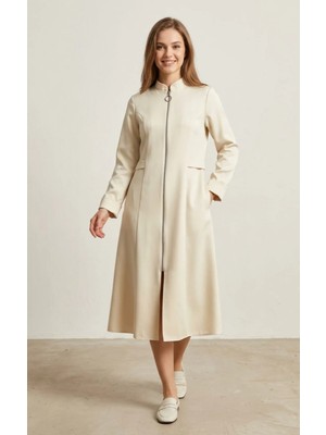 Kadın Tesettür Yarım Pardesü Ferace Kap Giyçık Fermuarlı Dabıl Kumaş