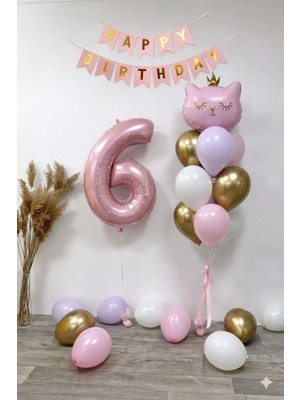 Patladı Gitti 6 Yaş Kedi Temalı Günü Balon Doğum Seti – Pembe Gold Konsept