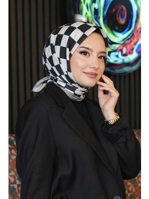 Afvente Kareli Desen Siyah - Beyaz Soft Pamuk Eşarp