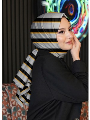 Afvente Çizgili Desen Gri Soft Pamuk Şal