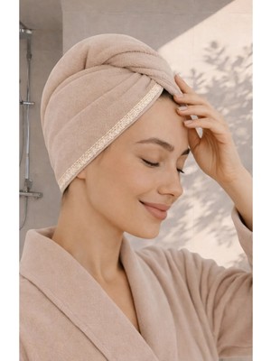Ellia Soft Hair Dantelli Kalın Bambu Pamuk Kutulu Saç Kurutma Bonesi Saç Havlusu Saç Kurulama Havlusu Bej