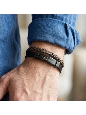 Vaoov Kişiye Özel Isimli Kumaş ve Deri Detaylı Siyah Çelik Plaka Erkek Bileklik