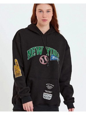 Marsilyan Baskılı Kapüşonlu Sweatshirt - Siyah -