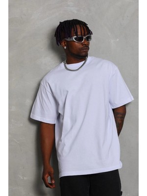 Marsilyan Oversize Düz Bisiklet Yaka T-Shirt - Beyaz -