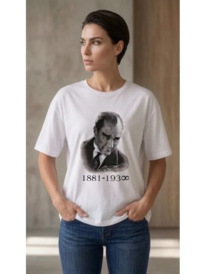 Antakya Yöresi Atatürk Baskılı Tişört Kısa Kollu Bisiklet Yaka T-Shirt - Beyaz