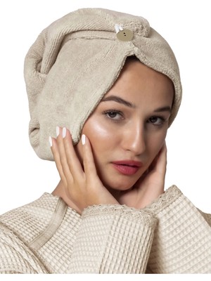 Ellia Soft Marcella %100 Pamuk Saç Kurutma Bonesi Lastikli ve Düğmeli Havlu Bone Bej