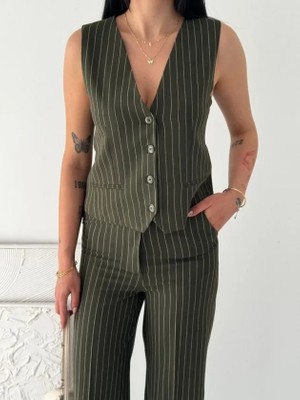 Antakya Yöresi Çizgili Tansel Kumaş Yelek Pantolon Ikili Takım Ofis Şık Modern - Haki