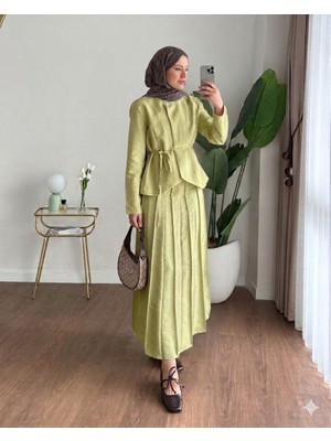 RFK Butik Kadın Zara Kupra Seyyar Kemerli Çımalı Etekli Takım - Yağ Yeşili