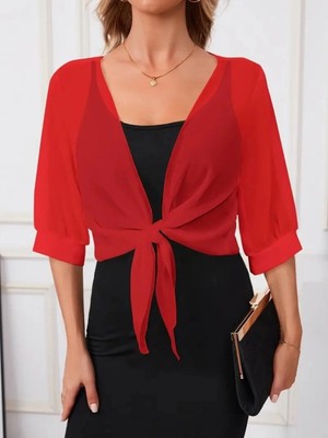 Marsilyan- Kadın Truvakar Kollu Önden Bağlamalı Kısa Şifon Bolero Ceket