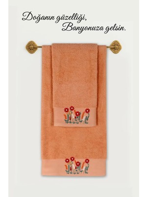 Ellia Soft Salvia %100 Pamuklu 2 Parça Nakışlı Lüks Havlu Seti, Yüz ve Banyo Havlusu
