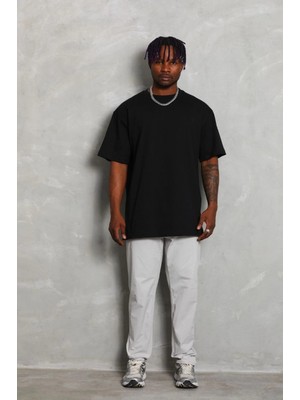 Marsilyan Oversize Düz Bisiklet Yaka T-Shirt - Siyah -