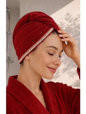 Ellia Soft Hair Dantelli Kalın Bambu Pamuk Kutulu Saç Kurutma Bonesi Saç Havlusu Saç Kurulama Havlusu Bordo
