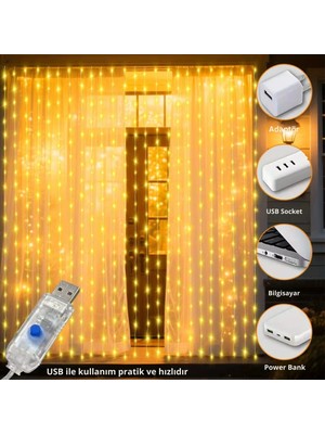 Shopytech 300 LED USB Perde Işık 8 Modlu Uzaktan Kumandalı Gün Işığı Dekoratif LED Peri Işığı