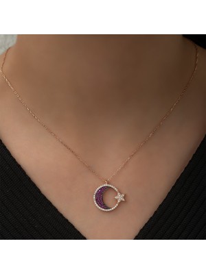 Nereze 925 Ayar Gümüş Ayyıldız Kadın Kolye Zirkon Taşlı Rose Gold Kaplama Özel Tasarım
