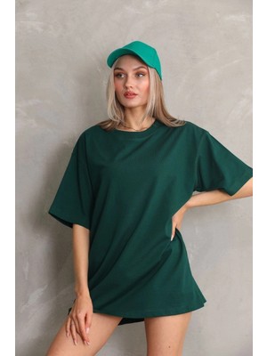 Pileli Store Kadın Regular Fit Tişört Bisiklet Yaka Yazlık Kısa Kol Basıc T-Shirt - Yeşil