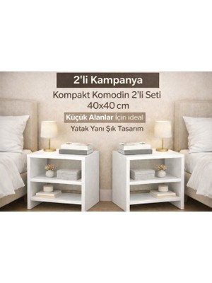 Moemi Yatak Odası Komodini Beyaz  40X40 cm – Minimal Yan Sehpa | Yatak Yanı Çok Amaçlı Raf Beyaz (2 Adet)