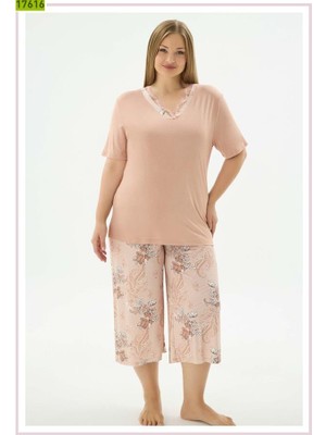 Sevim 17616 Karamel Floral Çiçek Desenli Battal Büyük Beden Yarım Kollu Kapri Takım