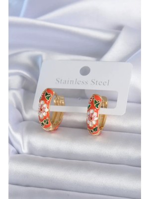 Pirinç Gold Renk Çiçek Işleme Turuncu Kadın Küpe VICE1395 2211