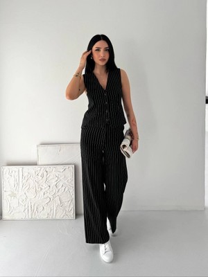 Pileli Store Kadın Çizgili Tansel Kumaş Yelek Pantolon Ikili Takım Ofis Şık Modern - Siyah