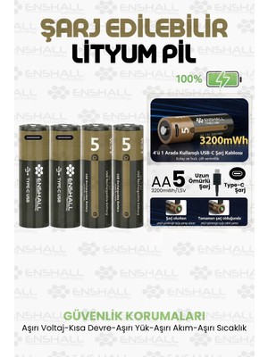 Enshall Aa Type-C Şarj Edilebilir Kalın Pil 1.5V 3200MWH Kapasiteli Lityum-Ion Saat Pili