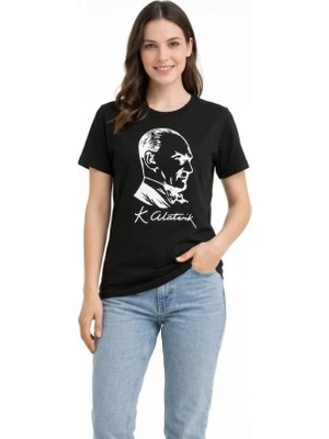 Civetta Atatürk Baskılı Tişört Kısa Kollu Bisiklet Yaka T-Shirt - Siyah