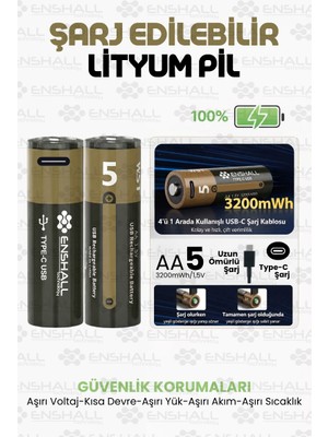 Enshall AA Type-C Şarj Edilebilir Kalın Pil 1.5V  Kapasiteli Lityum-Ion Saat Pili