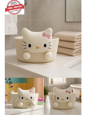 PremiumPort Peluş Hello Kitty Çok Amaçlı Hasır Sepet, Banyo, Dekor ve Havlu Organizer