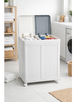 PremiumPort Pratik Tekerli Çift Bölmeli Çamaşır Sepeti Beyaz-Gri