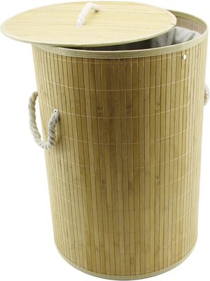 Vice Avm Yuvarlak Bambu Ahşap Kirli Çamaşır Sepeti 35X60CM Seyyar Kapaklı Içi Bezli Ip Kulplu GO53/00923