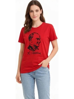 Cottonlab Atatürk Baskılı Tişört Kısa Kollu Bisiklet Yaka  T-Shirt - Kırmızı