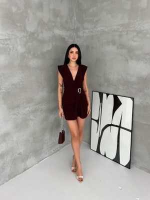 Ezel Glory Kruvaze Drapeli Tokalı Mini Elbise Şık Gece Davet Abiye - Kahverengi