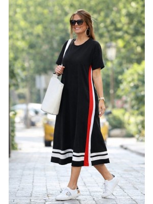 Livizmir Moda Kadın Kısa Kollu Bisiklet Yaka Yan Şerit Detaylı Midi Viskon Elbise