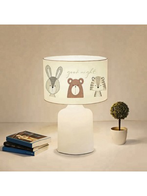 Homing Kumaş Baskılı Çocuk Odası Abajur Beyaz Krem Renkli Başlık ile Modern Tasarım