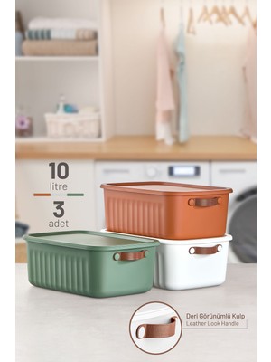 PremiumPort 10 Lt Çok Amaçlı Düzenleyici Kutular, 3'lü Set, Kapaklı, Dekoratif Organizer