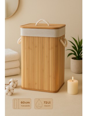 PremiumPort Modern Bambu Dikdörtgen Çamaşır Sepeti, Kapaklı, 40X30X60 cm