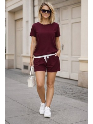 Nnstartshopping  Kadın Kısa Kollu Bisiklet Yaka Viskon Iki Iplik Kumaş Bluz ve Şort Ikili Takım