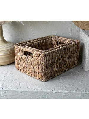 PremiumPort El Yapımı Dikdörtgen Çok Amaçlı Hasır Sepet Seti, Kulplu, Organizer