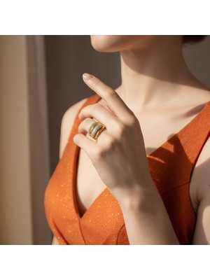 Lorivelle Kadın Çok Sıralı Taşlı Titanyum Çelik Yüzük | 14K Altın Kaplama Ayarlanabilir Kalın Bombeli Model