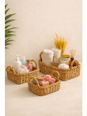 PremiumPort Hasır Dikdörtgen 3'lü Sepet Seti, Şık ve Kullanışlı Banyo Düzenleyici