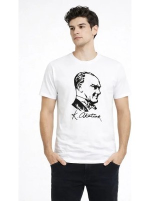 Emh Store Erkek Atatürk Baskılı Tişört Kısa Kollu Bisiklet Yaka T-Shirt - Beyaz