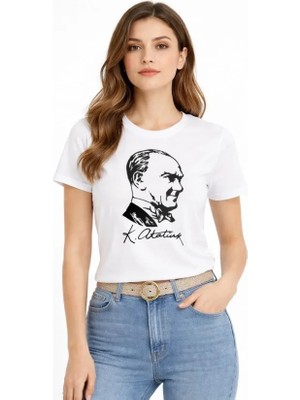 Giyimodam Atatürk Baskılı Tişört Kısa Kollu Bisiklet Yaka T-Shirt - Beyaz