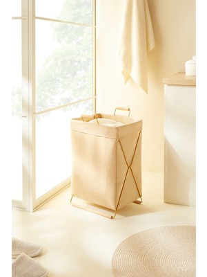 PremiumPort Katlanabilir Metal Destekli Jüt Keten Çamaşır ve Oyuncak Sepeti 36X33X60