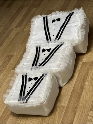 PremiumPort Krem Saten Dantelli 3'lü Çeyizlik Damat Figürlü Bohça Seti