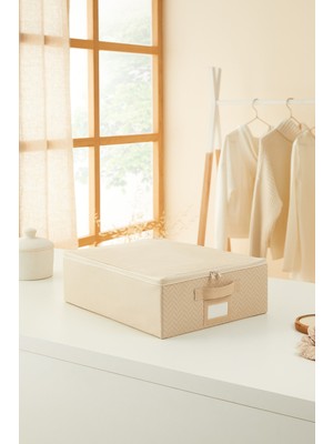 PremiumPort Küçük Boy Bej Balıksırtı Baza Altı Valiz Organizer Kutu 31X38X12